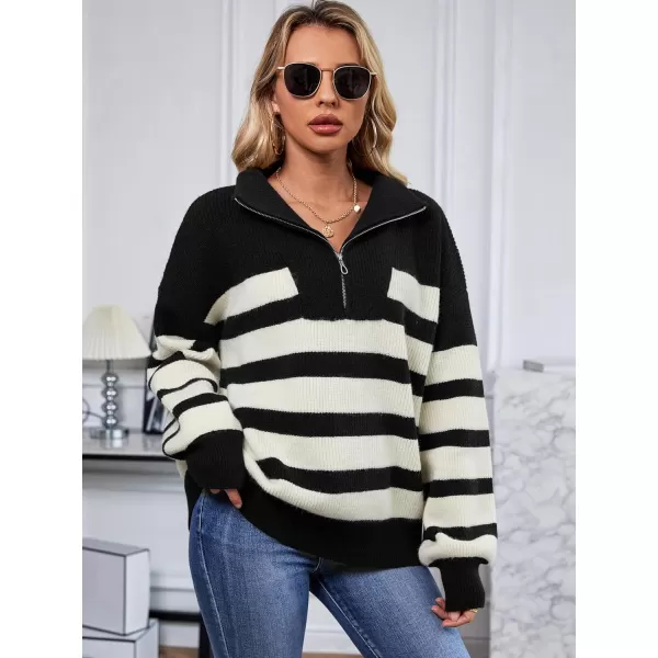 imageSuperPrity Womens Sweaters Oversized Striped Quarter Zip Long Sleeve V Neck Knit Pullover Tops 2024 Fall Fashion ClothesBlack Stripe