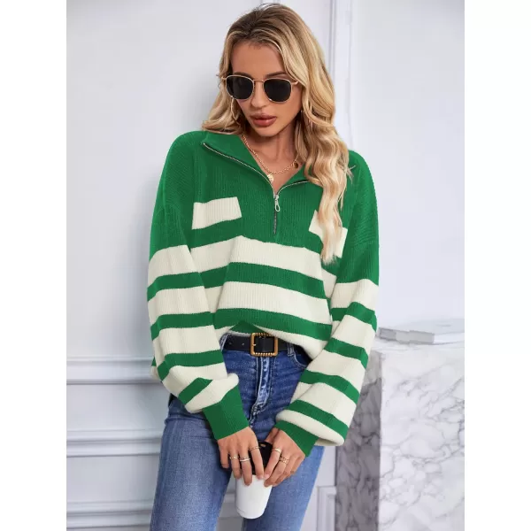 imageSuperPrity Womens Sweaters Oversized Striped Quarter Zip Long Sleeve V Neck Knit Pullover Tops 2024 Fall Fashion ClothesGreen Stripe