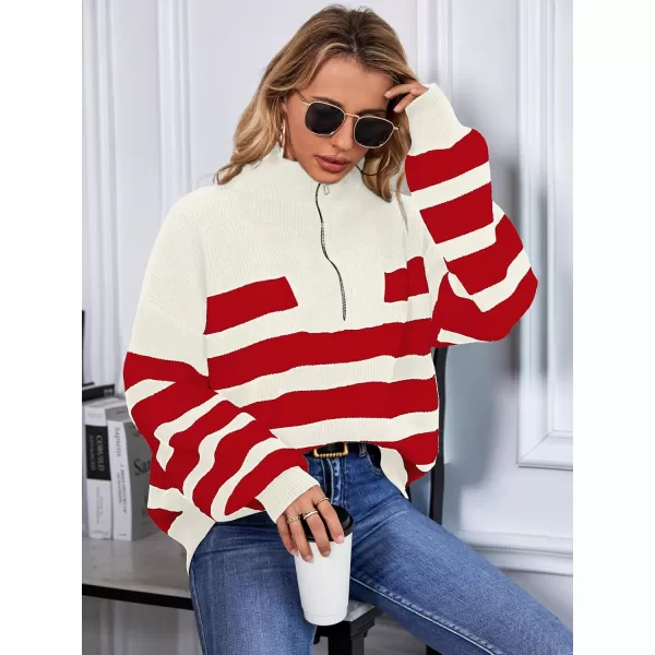 imageSuperPrity Womens Sweaters Oversized Striped Quarter Zip Long Sleeve V Neck Knit Pullover Tops 2024 Fall Fashion ClothesRed Stripe