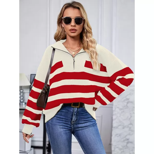 imageSuperPrity Womens Sweaters Oversized Striped Quarter Zip Long Sleeve V Neck Knit Pullover Tops 2024 Fall Fashion ClothesRed Stripe