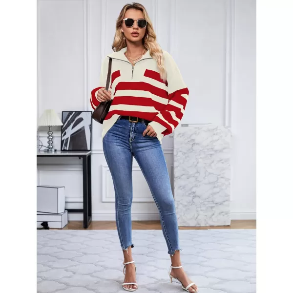 imageSuperPrity Womens Sweaters Oversized Striped Quarter Zip Long Sleeve V Neck Knit Pullover Tops 2024 Fall Fashion ClothesRed Stripe