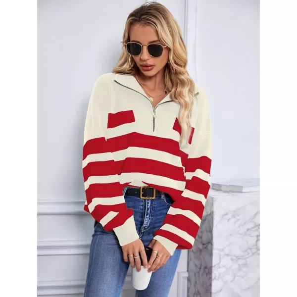 imageSuperPrity Womens Sweaters Oversized Striped Quarter Zip Long Sleeve V Neck Knit Pullover Tops 2024 Fall Fashion ClothesRed Stripe