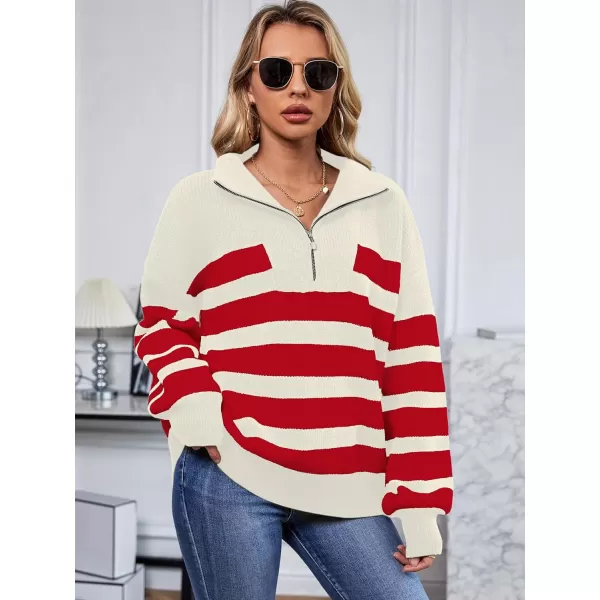 imageSuperPrity Womens Sweaters Oversized Striped Quarter Zip Long Sleeve V Neck Knit Pullover Tops 2024 Fall Fashion ClothesRed Stripe