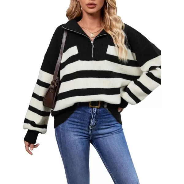 imageSuperPrity Womens Sweaters Oversized Striped Quarter Zip Long Sleeve V Neck Knit Pullover Tops 2024 Fall Fashion ClothesBlack Stripe