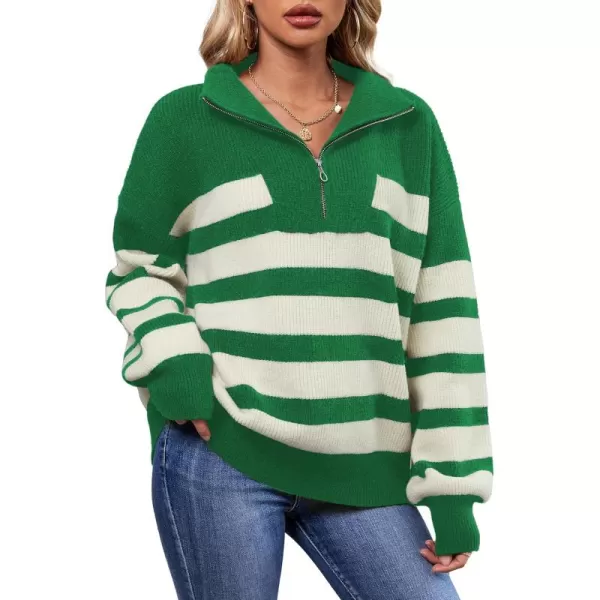 imageSuperPrity Womens Sweaters Oversized Striped Quarter Zip Long Sleeve V Neck Knit Pullover Tops 2024 Fall Fashion ClothesGreen Stripe