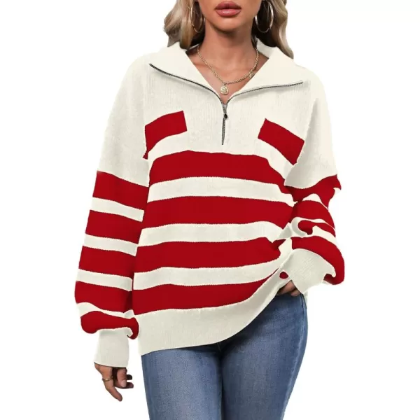 imageSuperPrity Womens Sweaters Oversized Striped Quarter Zip Long Sleeve V Neck Knit Pullover Tops 2024 Fall Fashion ClothesRed Stripe