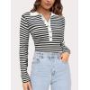 imageSuperPrity Long Sleeve Shirts for Women Spring Fashion V Neck Button Polo Sweaters Stretch Slim Fitted Knit Basic Tee TopsBlack White Stripe
