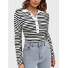 imageSuperPrity Long Sleeve Shirts for Women Spring Fashion V Neck Button Polo Sweaters Stretch Slim Fitted Knit Basic Tee TopsBlack White Stripe