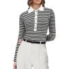 imageSuperPrity Long Sleeve Shirts for Women Spring Fashion V Neck Button Polo Sweaters Stretch Slim Fitted Knit Basic Tee TopsBlack White Stripe