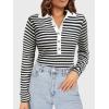 imageSuperPrity Long Sleeve Shirts for Women Spring Fashion V Neck Button Polo Sweaters Stretch Slim Fitted Knit Basic Tee TopsBlack White Stripe