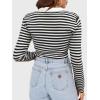 imageSuperPrity Long Sleeve Shirts for Women Spring Fashion V Neck Button Polo Sweaters Stretch Slim Fitted Knit Basic Tee TopsBlack White Stripe
