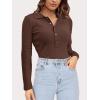 imageSuperPrity Long Sleeve Shirts for Women Spring Fashion V Neck Button Polo Sweaters Stretch Slim Fitted Knit Basic Tee TopsCoffee
