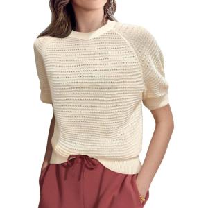 imageSuperPrity Crochet Tops for Women Summer Short Sleeve Hollow Out Sweater Beach Swimsuit Cover Ups 2025 Trendy Sexy TopApricot