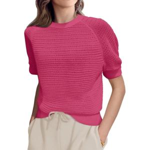 imageSuperPrity Crochet Tops for Women Summer Short Sleeve Hollow Out Sweater Beach Swimsuit Cover Ups 2025 Trendy Sexy TopHot Pink