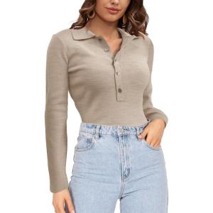 imageSuperPrity Long Sleeve Shirts for Women Spring Fashion V Neck Button Polo Sweaters Stretch Slim Fitted Knit Basic Tee TopsApricot