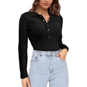 imageSuperPrity Long Sleeve Shirts for Women Spring Fashion V Neck Button Polo Sweaters Stretch Slim Fitted Knit Basic Tee TopsBlack