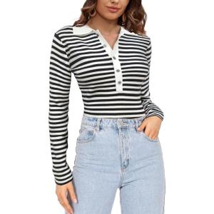 imageSuperPrity Long Sleeve Shirts for Women Spring Fashion V Neck Button Polo Sweaters Stretch Slim Fitted Knit Basic Tee TopsBlack White Stripe