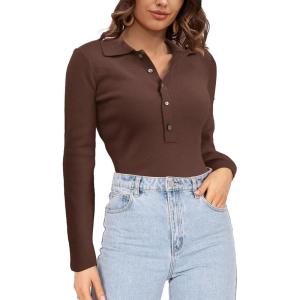 imageSuperPrity Long Sleeve Shirts for Women Spring Fashion V Neck Button Polo Sweaters Stretch Slim Fitted Knit Basic Tee TopsCoffee