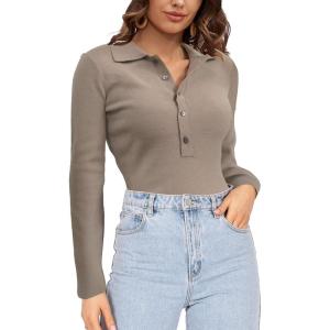 imageSuperPrity Long Sleeve Shirts for Women Spring Fashion V Neck Button Polo Sweaters Stretch Slim Fitted Knit Basic Tee TopsKhaki