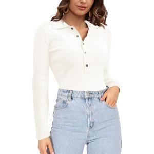 imageSuperPrity Long Sleeve Shirts for Women Spring Fashion V Neck Button Polo Sweaters Stretch Slim Fitted Knit Basic Tee TopsWhite