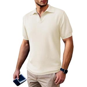 imageSuperPrity Mens Polo Shirts Short Sleeve V Neck Golf Shirts Casual Slim Fit Ribbed Collar TShirtsBeige