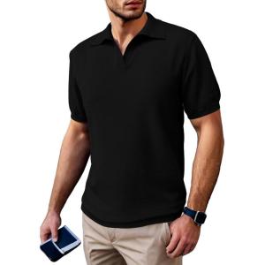 imageSuperPrity Mens Polo Shirts Short Sleeve V Neck Golf Shirts Casual Slim Fit Ribbed Collar TShirtsBlack