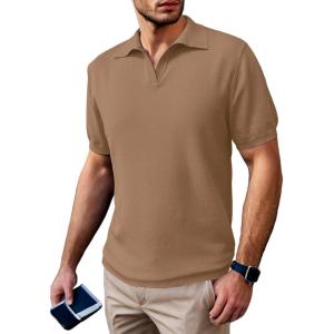 imageSuperPrity Mens Polo Shirts Short Sleeve V Neck Golf Shirts Casual Slim Fit Ribbed Collar TShirtsBrown
