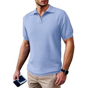 imageSuperPrity Mens Polo Shirts Short Sleeve V Neck Golf Shirts Casual Slim Fit Ribbed Collar TShirtsSky Blue