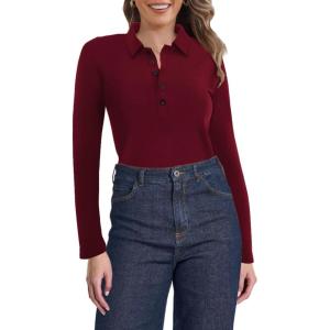 imageSuperPrity Womens Dressy Casual Tops V Neck Business Work Blouses Button Down Long Sleeve Shirts Stretch Ribbed Basic Trendy Polo Clothes 2024LWine Red