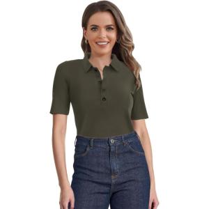 imageSuperPrity Womens Dressy Casual Tops V Neck Business Work Blouses Button Down Stretch Ribbed Short Sleeve ShirtsArmy Green