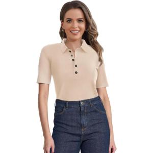 imageSuperPrity Womens Dressy Casual Tops V Neck Business Work Blouses Button Down Stretch Ribbed Short Sleeve ShirtsBeige