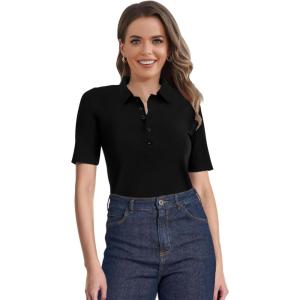 imageSuperPrity Womens Dressy Casual Tops V Neck Business Work Blouses Button Down Stretch Ribbed Short Sleeve ShirtsBlack