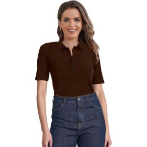 imageSuperPrity Womens Dressy Casual Tops V Neck Business Work Blouses Button Down Stretch Ribbed Short Sleeve ShirtsCoffee