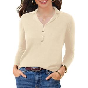 imageSuperPrity Womens Knit Sweaters V Neck Lightweight Collared Thinner Sweater Casual Long Sleeve Polo ShirtsBeige