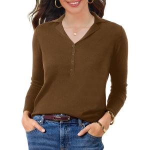 imageSuperPrity Womens Knit Sweaters V Neck Lightweight Collared Thinner Sweater Casual Long Sleeve Polo ShirtsBrown