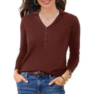 imageSuperPrity Womens Knit Sweaters V Neck Lightweight Collared Thinner Sweater Casual Long Sleeve Polo ShirtsCoffee