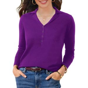 imageSuperPrity Womens Knit Sweaters V Neck Lightweight Collared Thinner Sweater Casual Long Sleeve Polo ShirtsPurple
