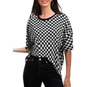 imageSuperPrity Womens Short Sleeve Shirts Animal Print Blouses Crewneck Leopard Print Tops Dressy Casual Basic TeeBlack and White Plaid