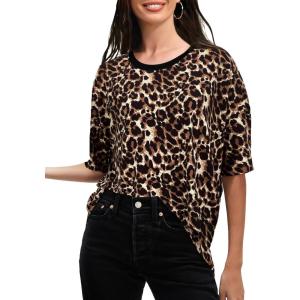 imageSuperPrity Womens Short Sleeve Shirts Animal Print Blouses Crewneck Leopard Print Tops Dressy Casual Basic TeeChocolate Leopard