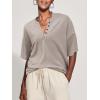 imageSuperPrity Womens Summer Tops Casual Button Down Short Sleeve Shirts Loose Fit Knit Ribbed BlousesKhaki