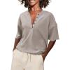 imageSuperPrity Womens Summer Tops Casual Button Down Short Sleeve Shirts Loose Fit Knit Ribbed BlousesKhaki