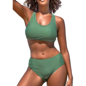 imageSouqFone Women Racerback Bikini Swimsuit Scoop Neck High Waisted Two Pieces Criss Back Swimsuit