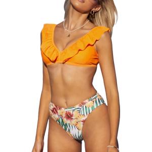 imageSouqFone Womens Bikini Set V Neck Floral Print Ruffles Flounce Two Piece Swimsuits