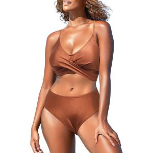 imageSouqFone Womens Two Piece Swimsuits V Neck Front Criss Cross Tie Back Mid Waist Bikini Sets Bathing Suits
