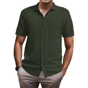 imageSuperPrity Mens Button Down Shirt Knit Shirts Short Sleeve Cuban Guayabera Cool Summer Beach ShirtsArmy Green