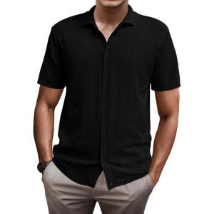 imageSuperPrity Mens Button Down Shirt Knit Shirts Short Sleeve Cuban Guayabera Cool Summer Beach ShirtsBlack