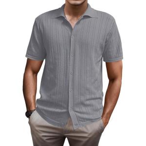 imageSuperPrity Mens Button Down Shirt Knit Shirts Short Sleeve Cuban Guayabera Cool Summer Beach ShirtsGrey