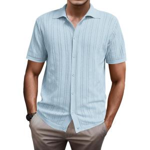 imageSuperPrity Mens Button Down Shirt Knit Shirts Short Sleeve Cuban Guayabera Cool Summer Beach ShirtsLight Blue