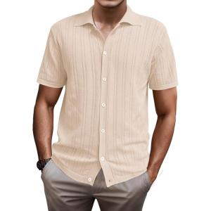 imageSuperPrity Mens Button Down Shirt Knit Shirts Short Sleeve Cuban Guayabera Cool Summer Beach ShirtsLight Khkai