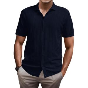 imageSuperPrity Mens Button Down Shirt Knit Shirts Short Sleeve Cuban Guayabera Cool Summer Beach ShirtsNavy Blue